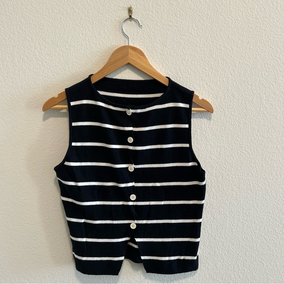 Cider Jackets & Blazers - Cider Black and White Striped Sleeveless Top Knit button up